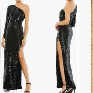 Mac Duggal Black Sequin Asymmetrical Maxi Dress